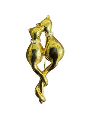 Gold Cat Couple Brooch Pin - Entwined Tails Crystal Collars